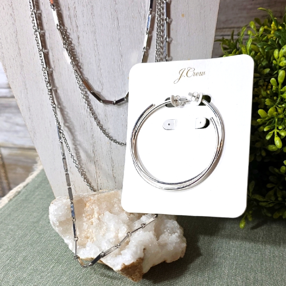 J. Crew Silver Modern Hoop Earrings w/bonus Long Silvertone Dual Chain